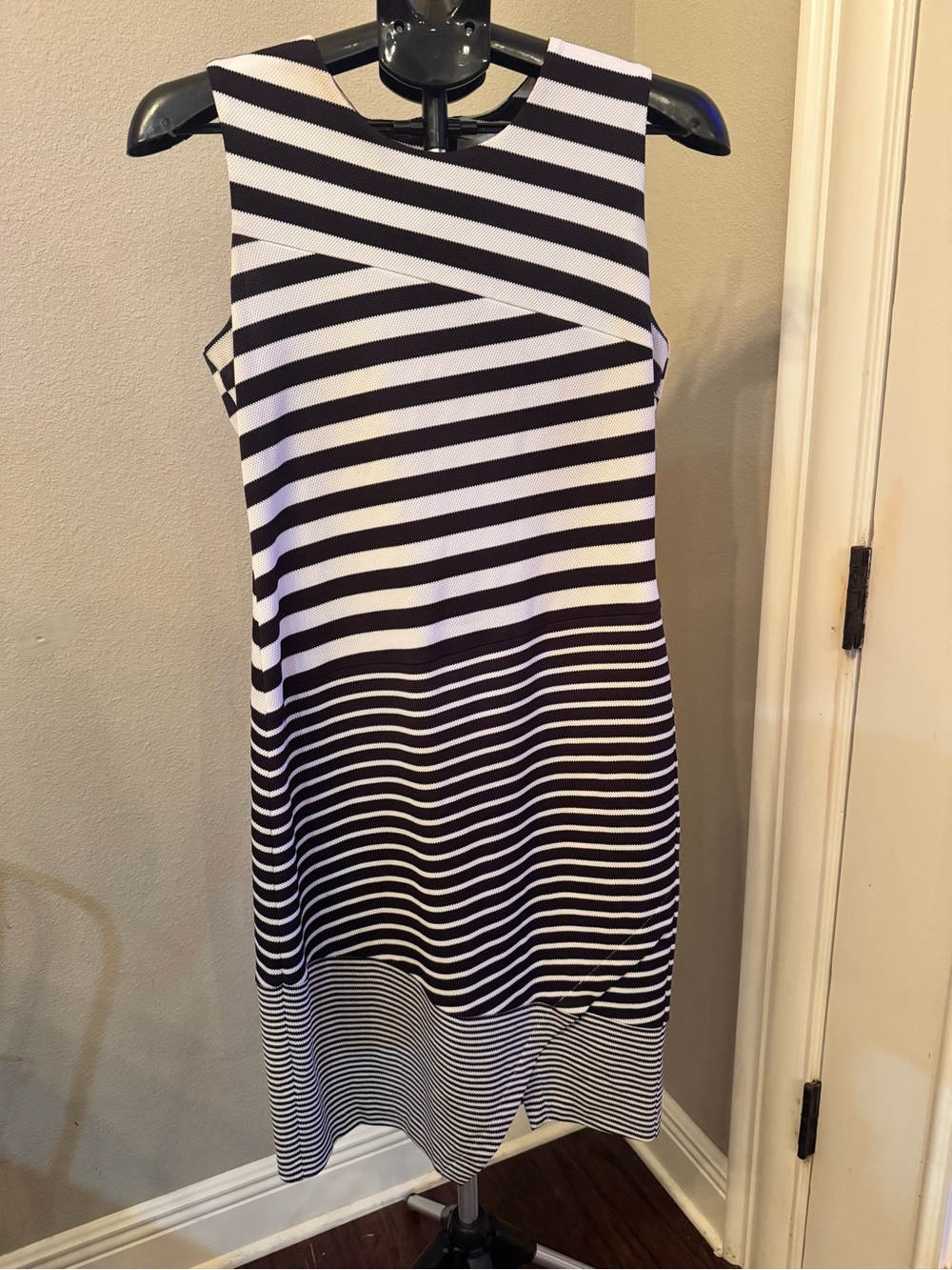 Calvin Klein Black and White Striped Midi Shift Dress